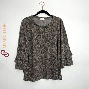 Anthropologie T.LA blouse top, gray cheetah-printed with ruffled sleeves